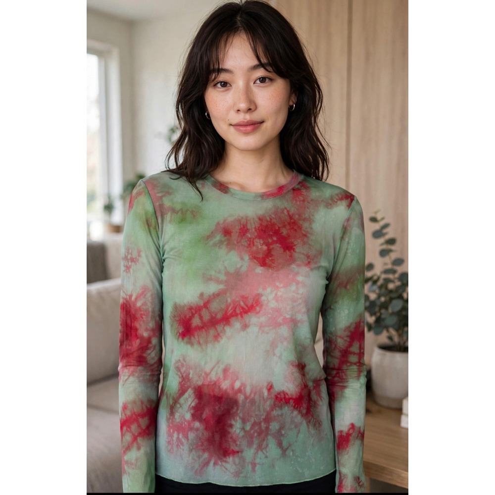 Zara Women Green Red Tie Dye Mesh Long Sleeve Top Crew Neck Size M